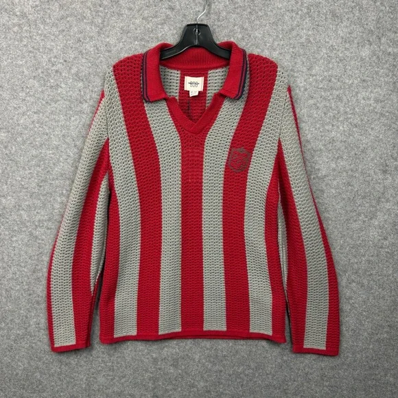 BDG Urban Outfitters Red Grey Striped Open Knit Polo Sweater Womens XS New - Picture 1 of 11